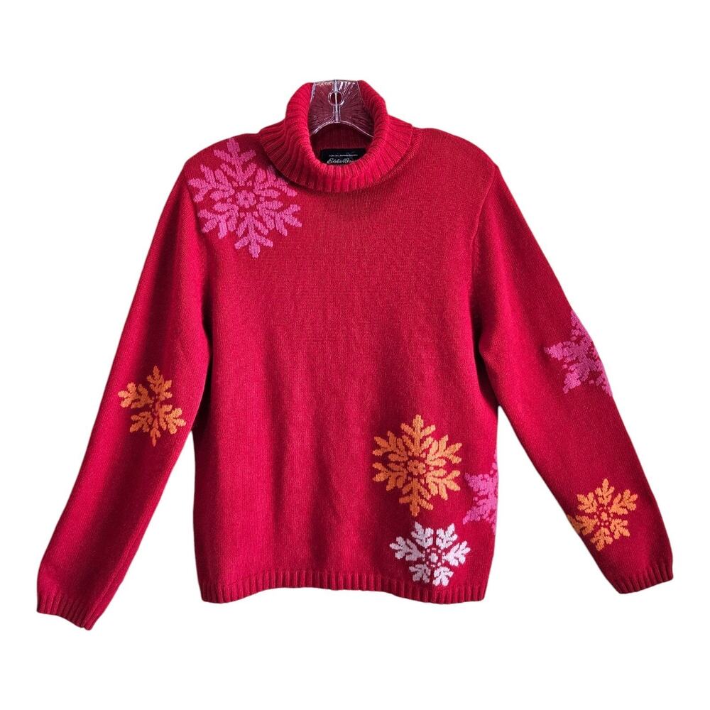 EDDIE BAUER Women's L Sweater Red Snowflakes Cotton Angora Wool Gorpcore 40"